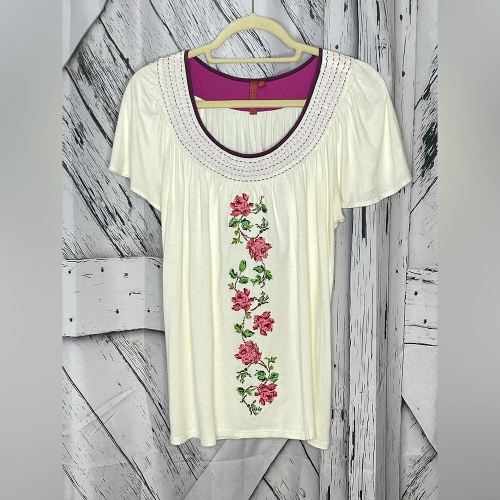 Anthropologie One September Embroidered Boho Peasant Blouse M